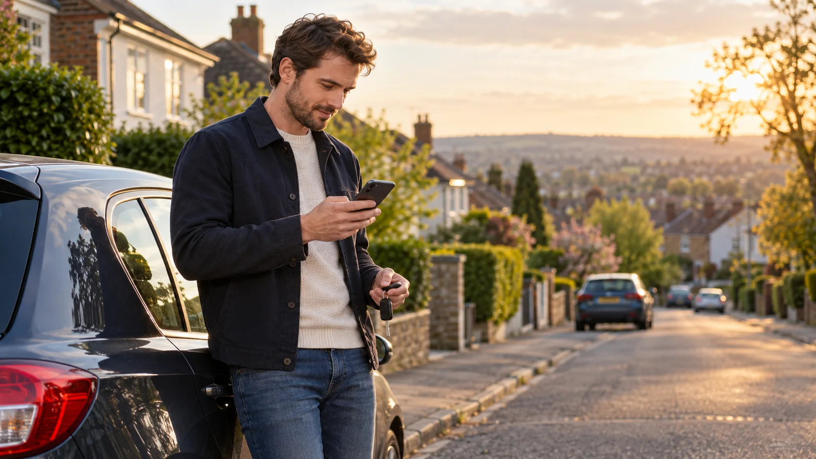 Driver checking temporary car insurance end time beside a parked car