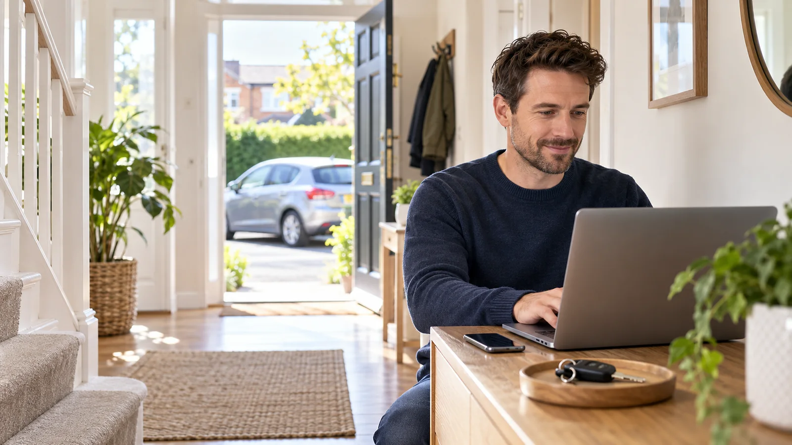 Driver arranging fast temporary car insurance online before a same-day journey