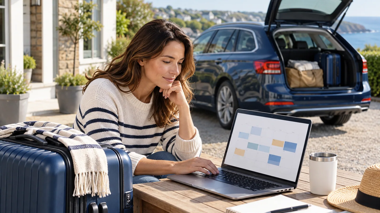 Driver planning a month of temporary car cover with luggage and a calendar