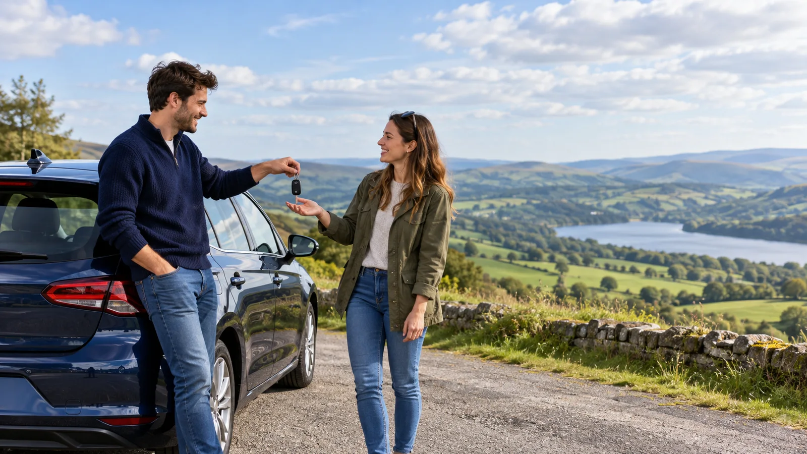 Two adult friends exchanging car keys at a UK countryside road-trip stop
