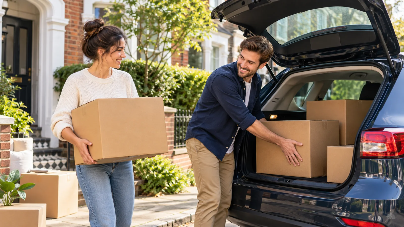 Two adults loading moving boxes into a hatchback outside a UK home