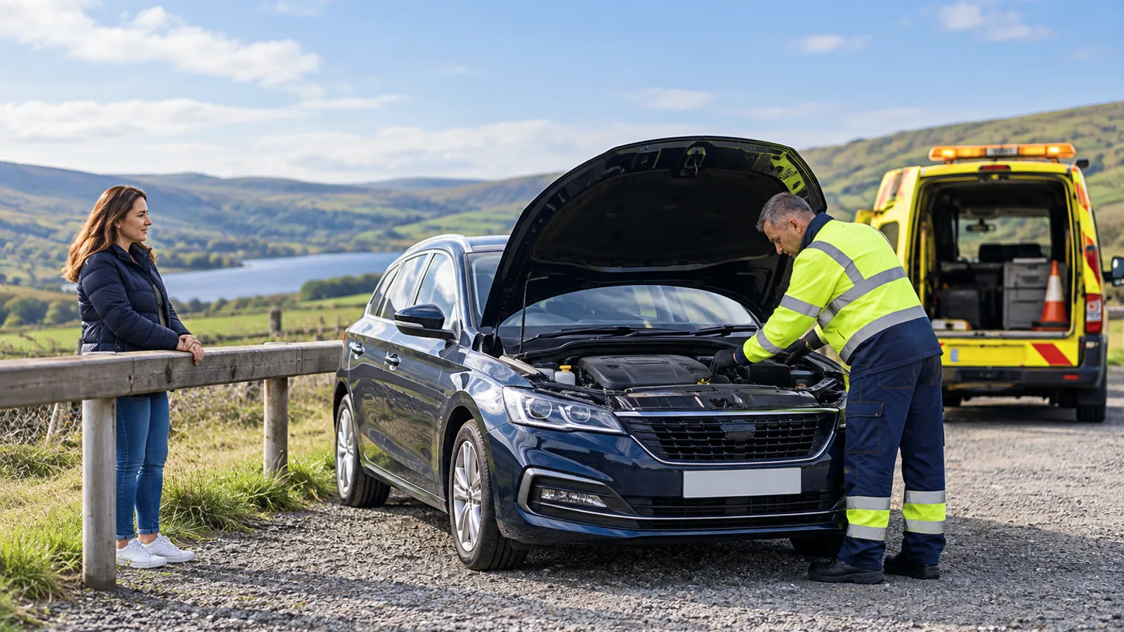 Driver waiting safely for roadside assistance beside a borrowed car in a UK lay-by
