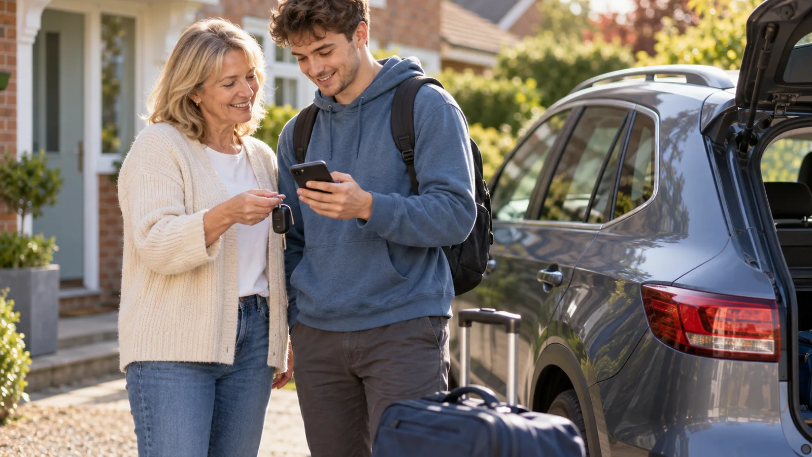 Parent handing car keys to a newly qualified adult driver outside a UK home
