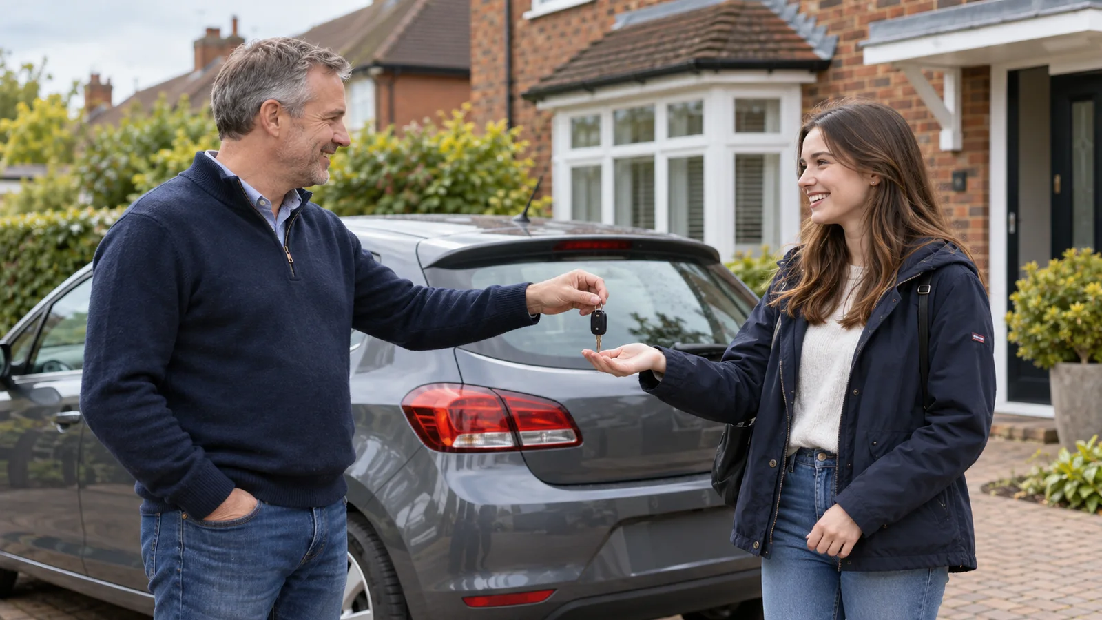 Parent handing car keys to an adult child beside the family car