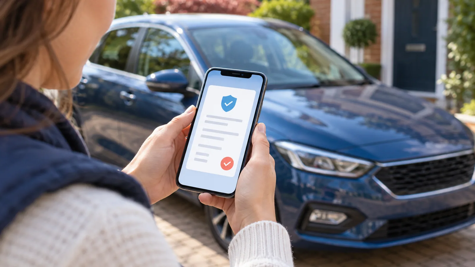 Driver checking a temporary insurance certificate on a phone beside a parked car